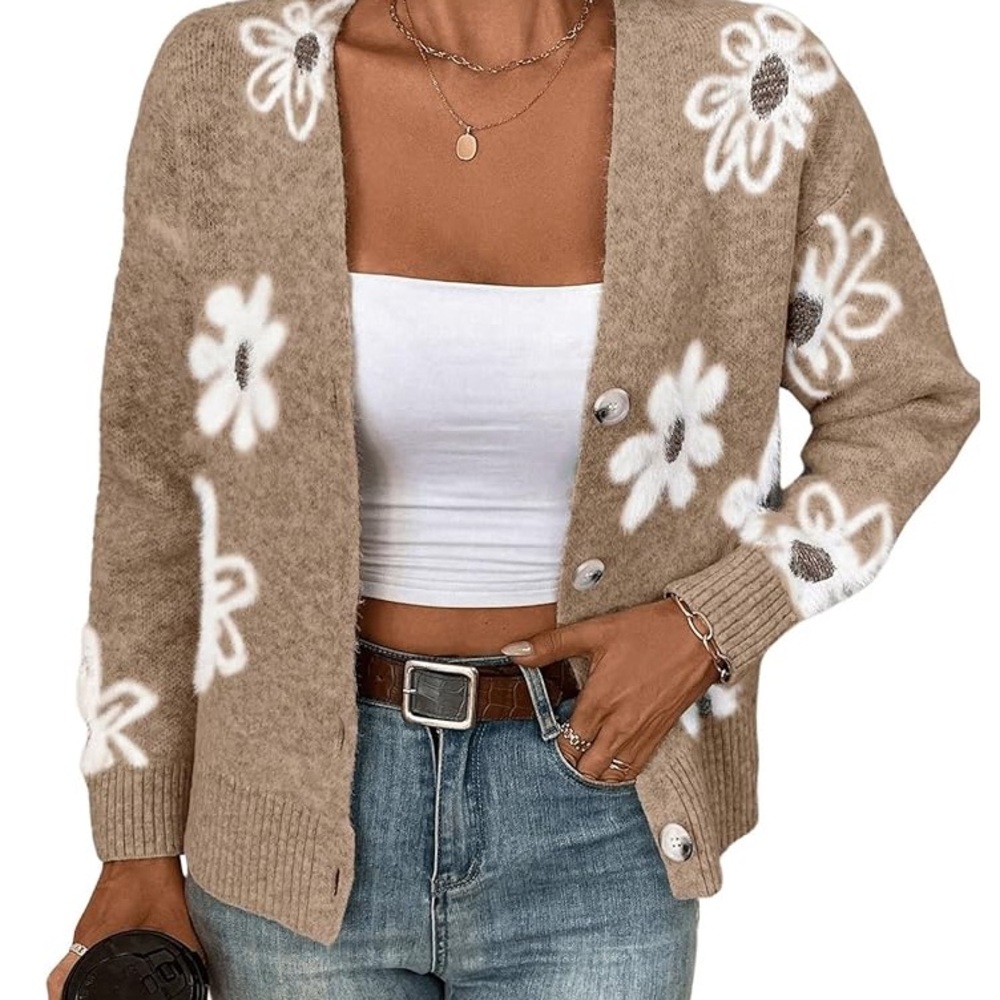 Floral Patterned Tan Cardigan Sweater
